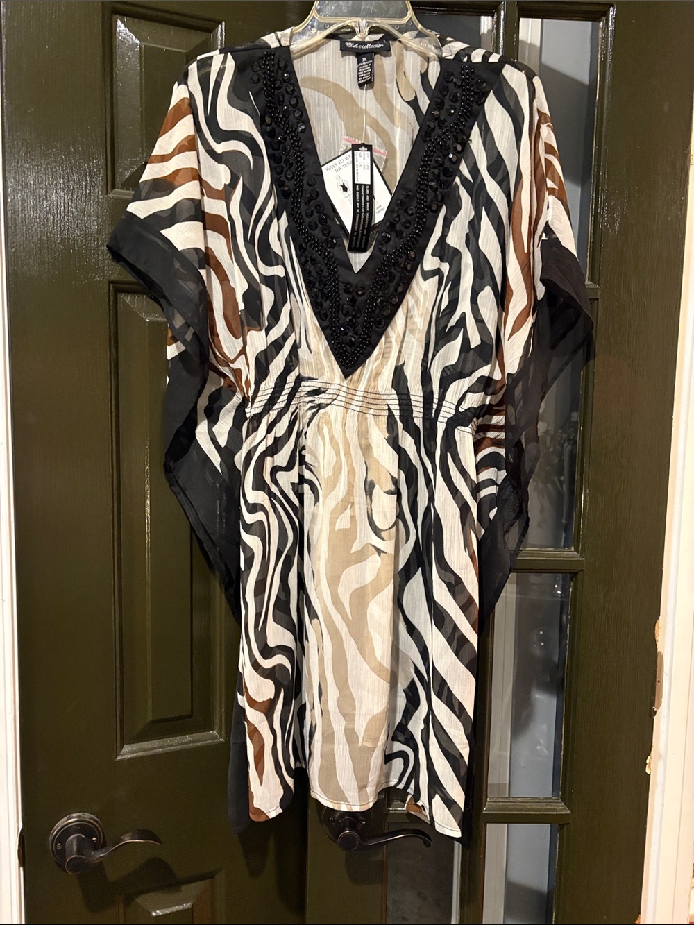 Beaded V-Neck Zebra Print Swim Coverup by Club Z COLLECTION Black, Brown, Cream